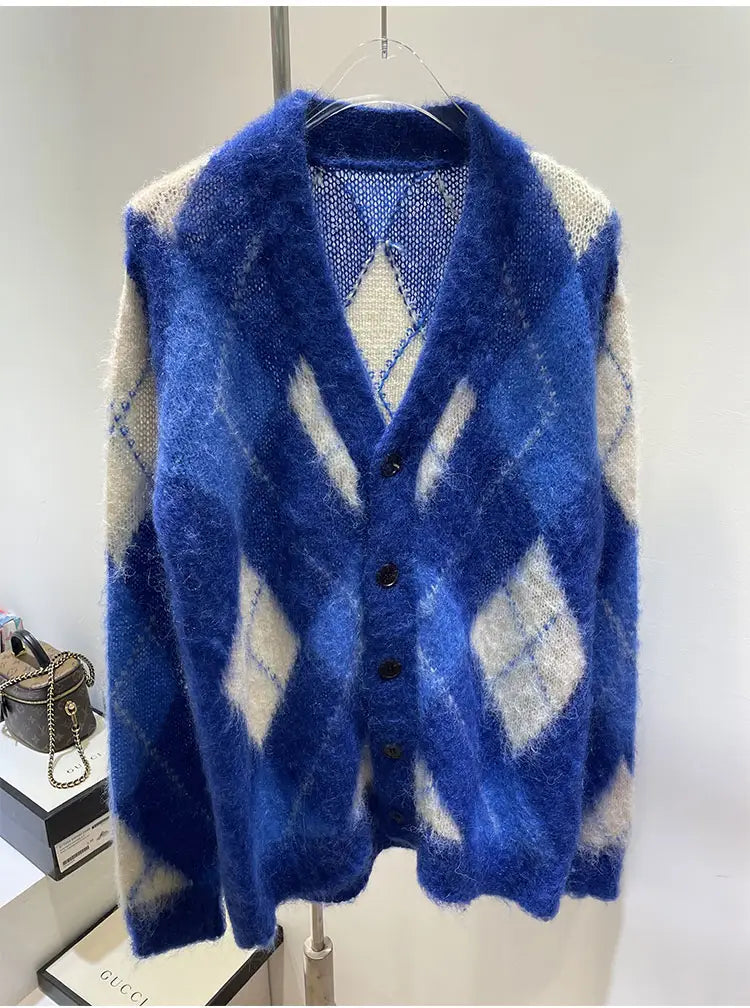 Niche New Loose Color Matching Diamond Mohair Knitted Sweater