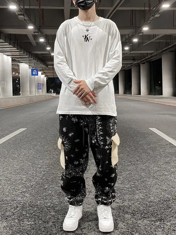 Lamb Fleece Pocket Casual Pants Drawstring Loose Men’s Trousers