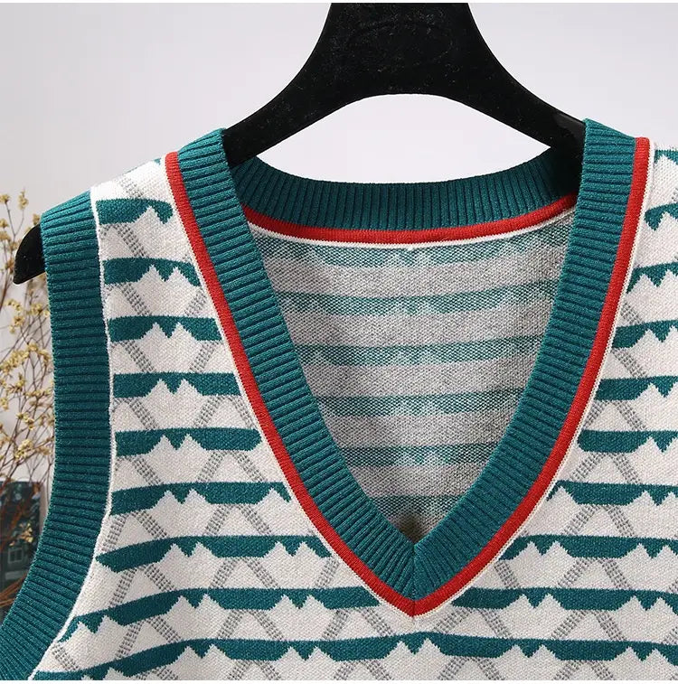 Retro Contrast Color Jacquard Ins Knitted Vest For Women