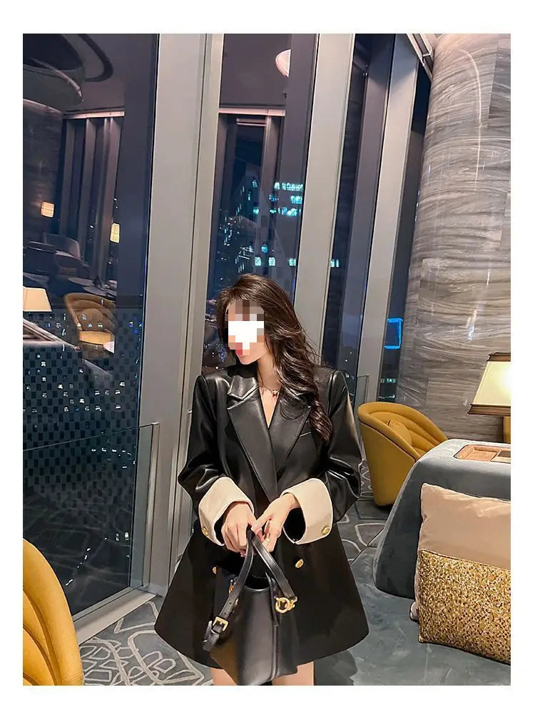 High Sense Black PU Leather Coat Women