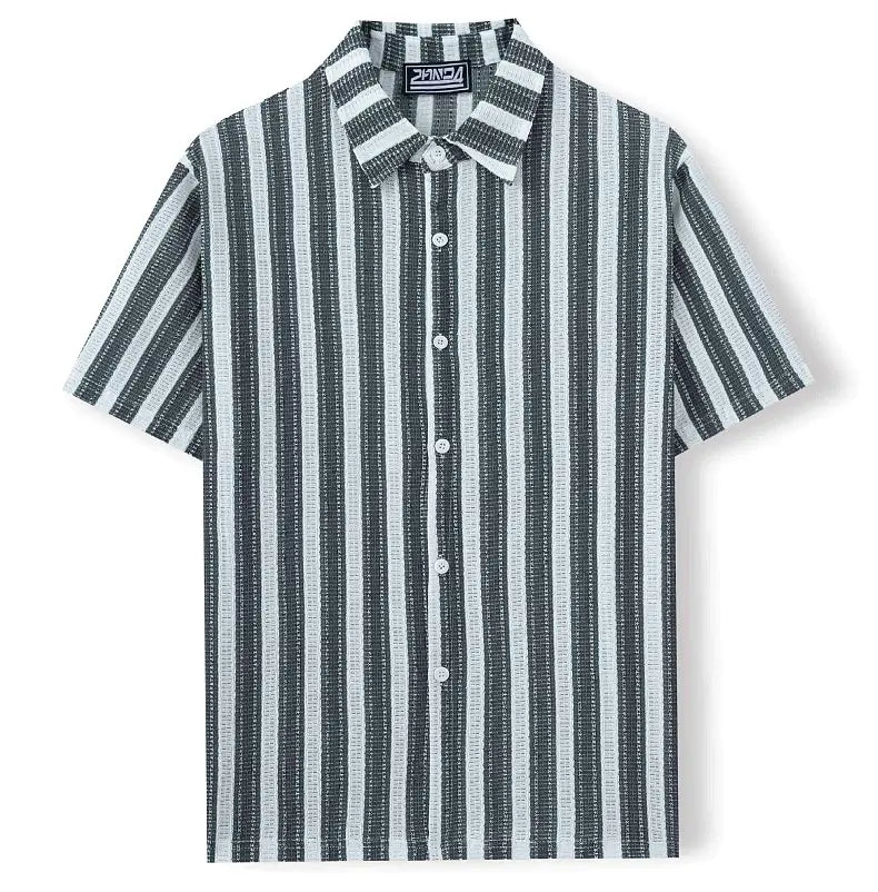 Men’s Beach Casual Yarn-dyed Striped Short-sleeved Lapel Shirt A0407