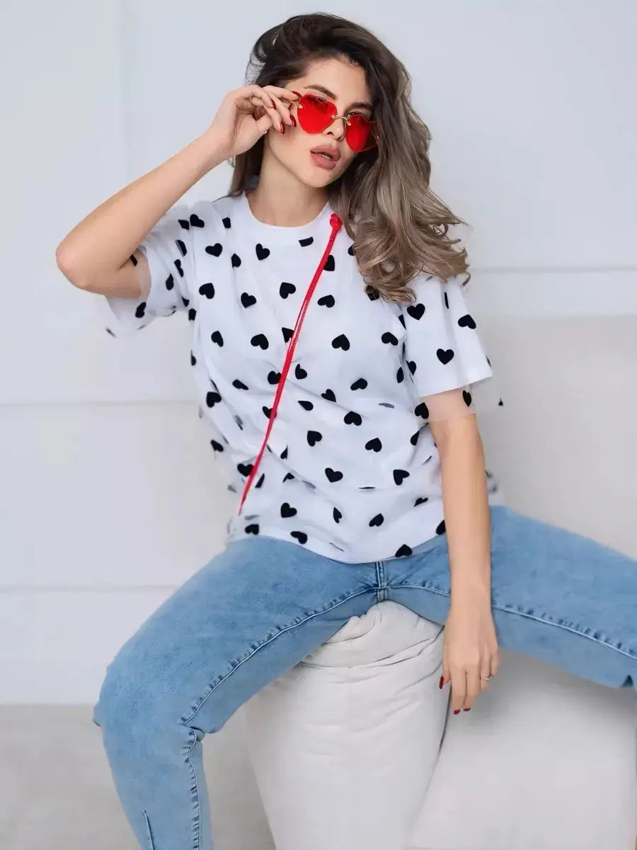 European And American Style Women’s Love Mesh Stitching Loose Basic Style Round Neck Short Sleeve T-shirt