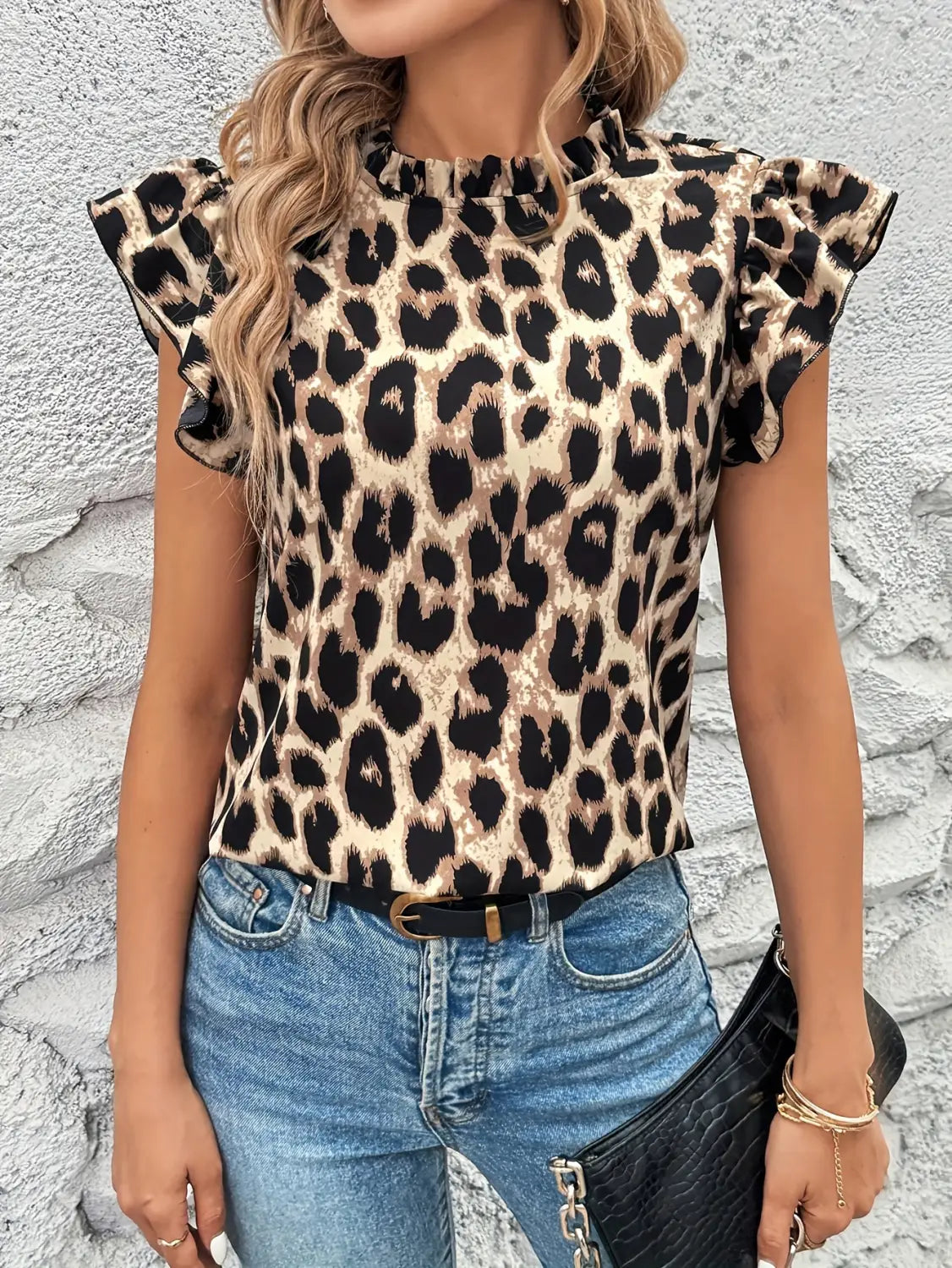 Women’s Fashion Casual Ruffled Leopard Print Flying Sleeve Shirt