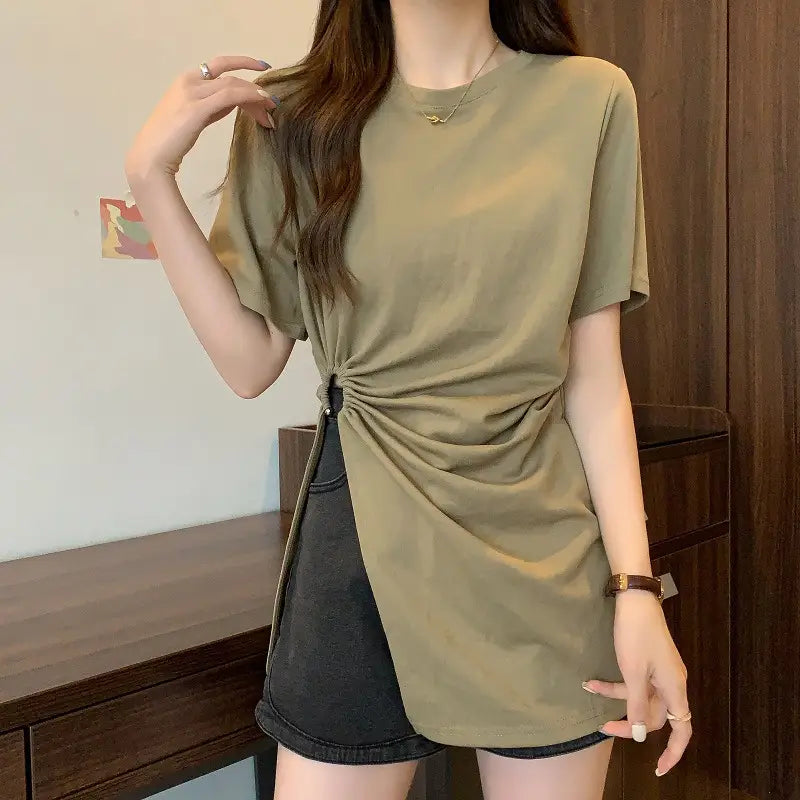Cotton Irregular Split Short-sleeved T-shirt Women’s Summer