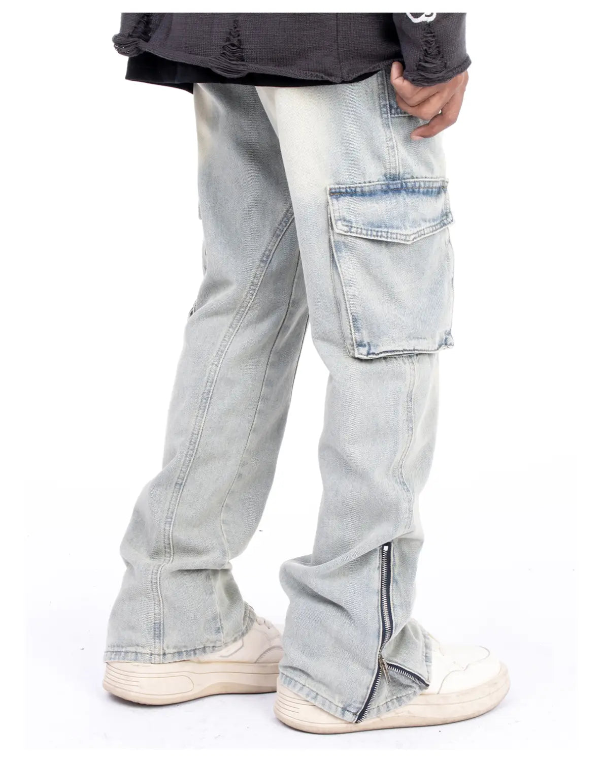 American Style Autumn And Winter Washed And Made Old Micro Elastic Jeans With Zipper Design At The Hem For Casual Pants