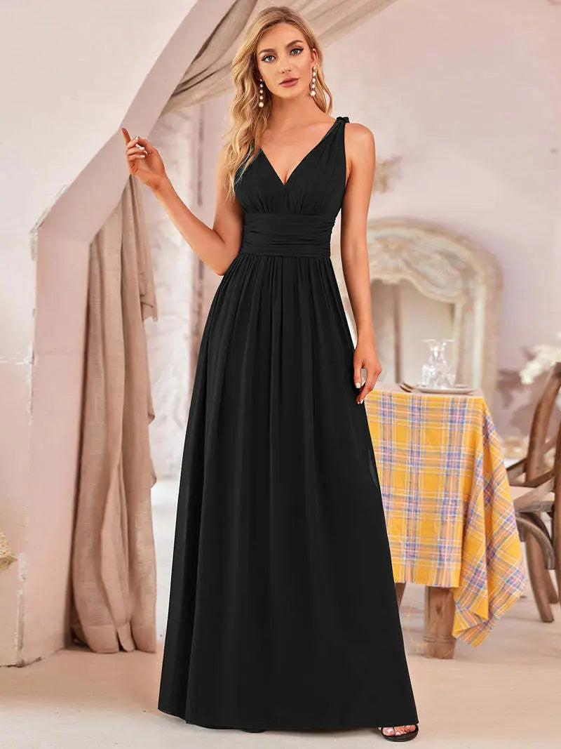 Deep V-neck Bridesmaid Plus Size High Waist Evening Dress