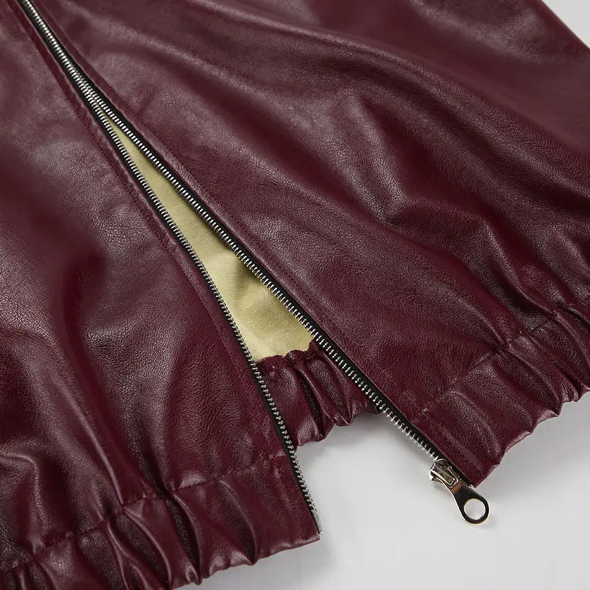 Retro Biker’s Style Wine Red European And American Handsome Matte Leather Jacket Coat
