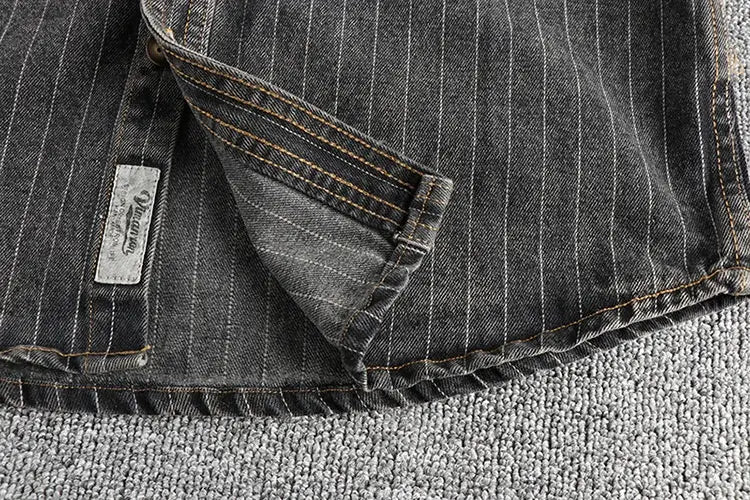 Men’s British Retro Black Gray Striped Denim Shirt