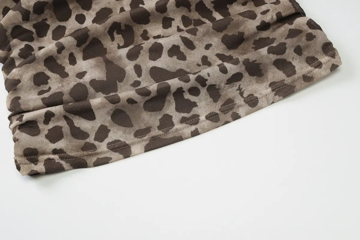 Leopard Print Crossbody Sleeveless Ribbon Short Tight Vest