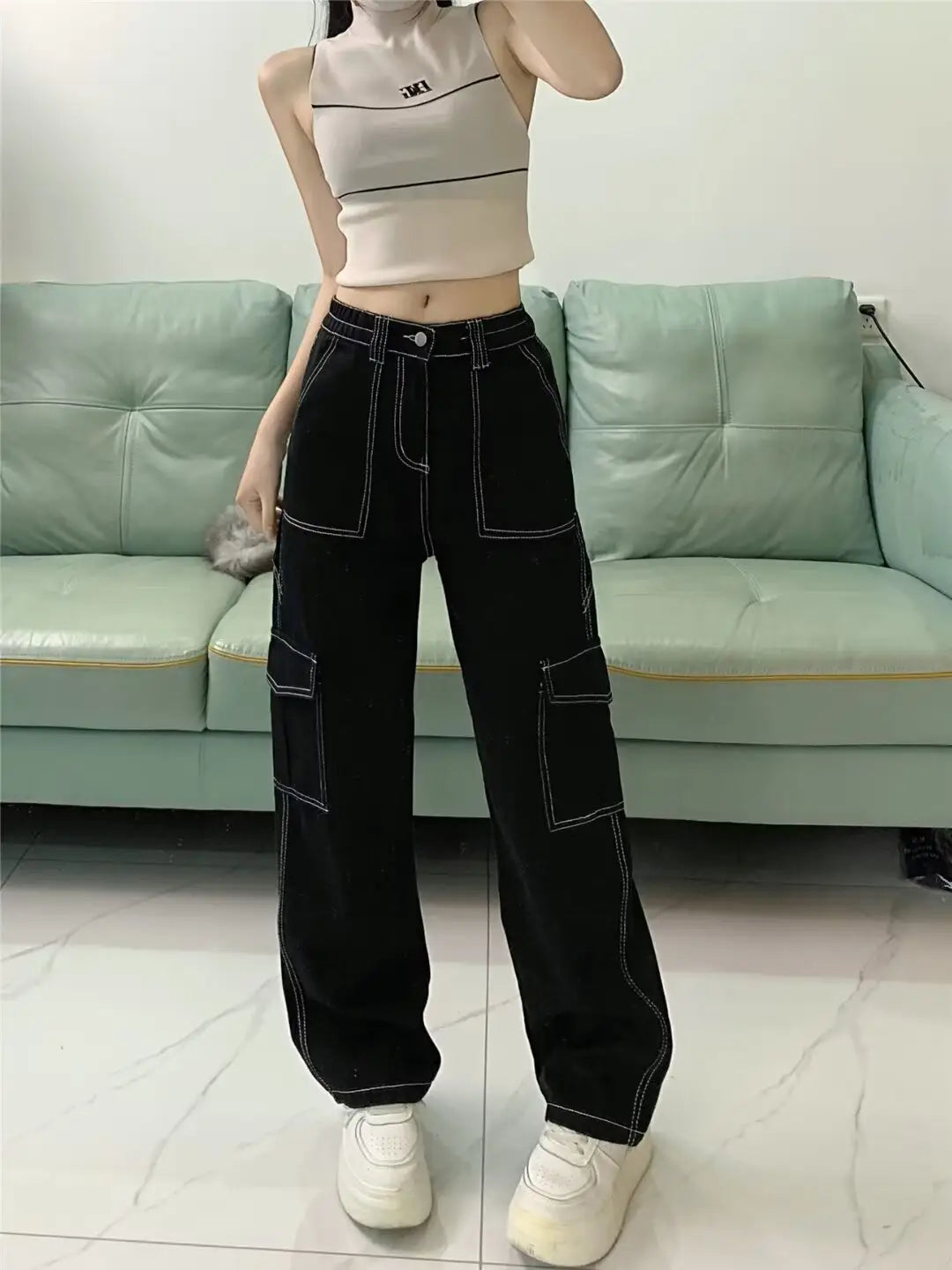 Jeans Women’s Straight Loose Spring Wide-leg Overalls