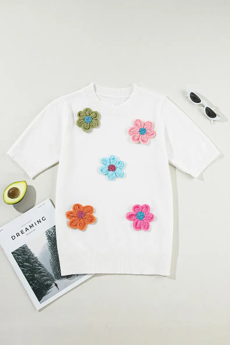 Three-dimensional Flower Decoration Half-sleeve Top European And American Commuters’ Knitted