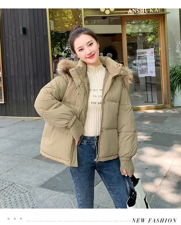 Loose Hooded Gloves Thickened Thermal Quilted Jacket Coat For Women