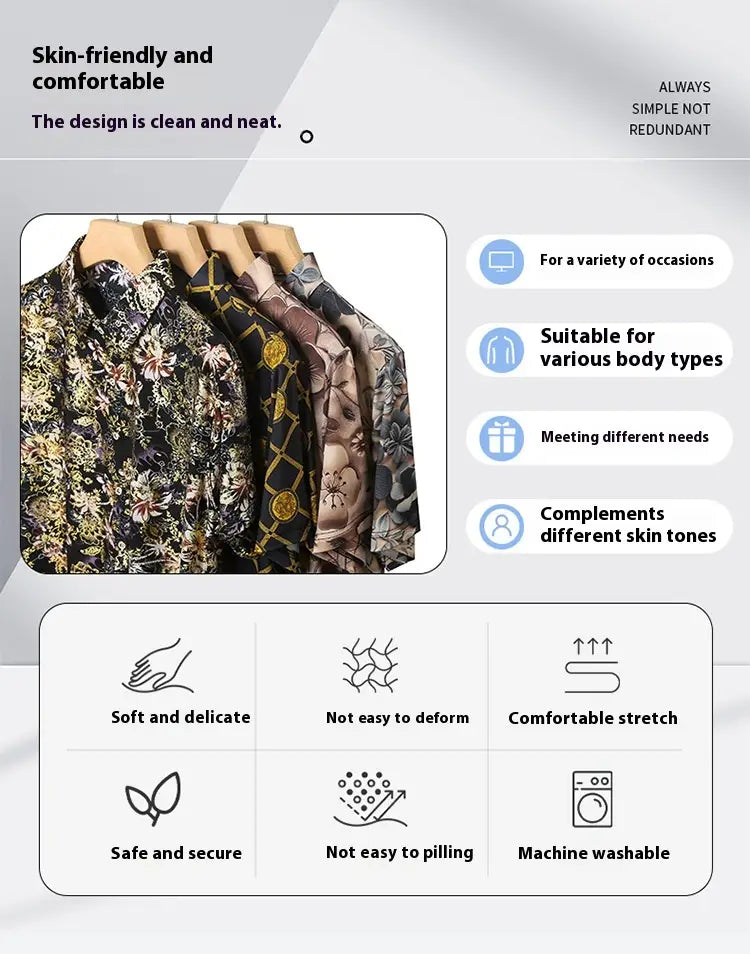 Summer Men’s Middle-aged Printed Shirt Short Sleeve Stretch Ice Silk Leisure