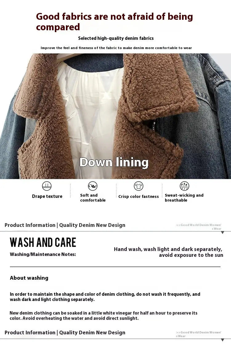 Lamb Wool Stitching Lightweight Down Liner Fleece-lined Denim Coat Women’s Short Top Jacket