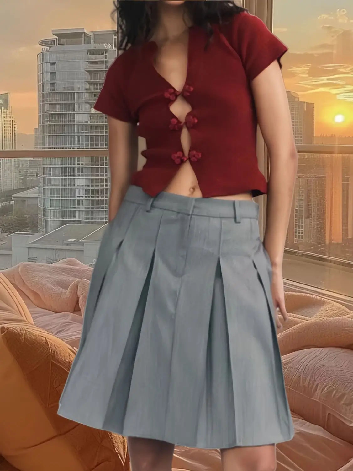 Short-sleeved T-shirt V-neck Slim-fit Hollow Cardigan Button Top