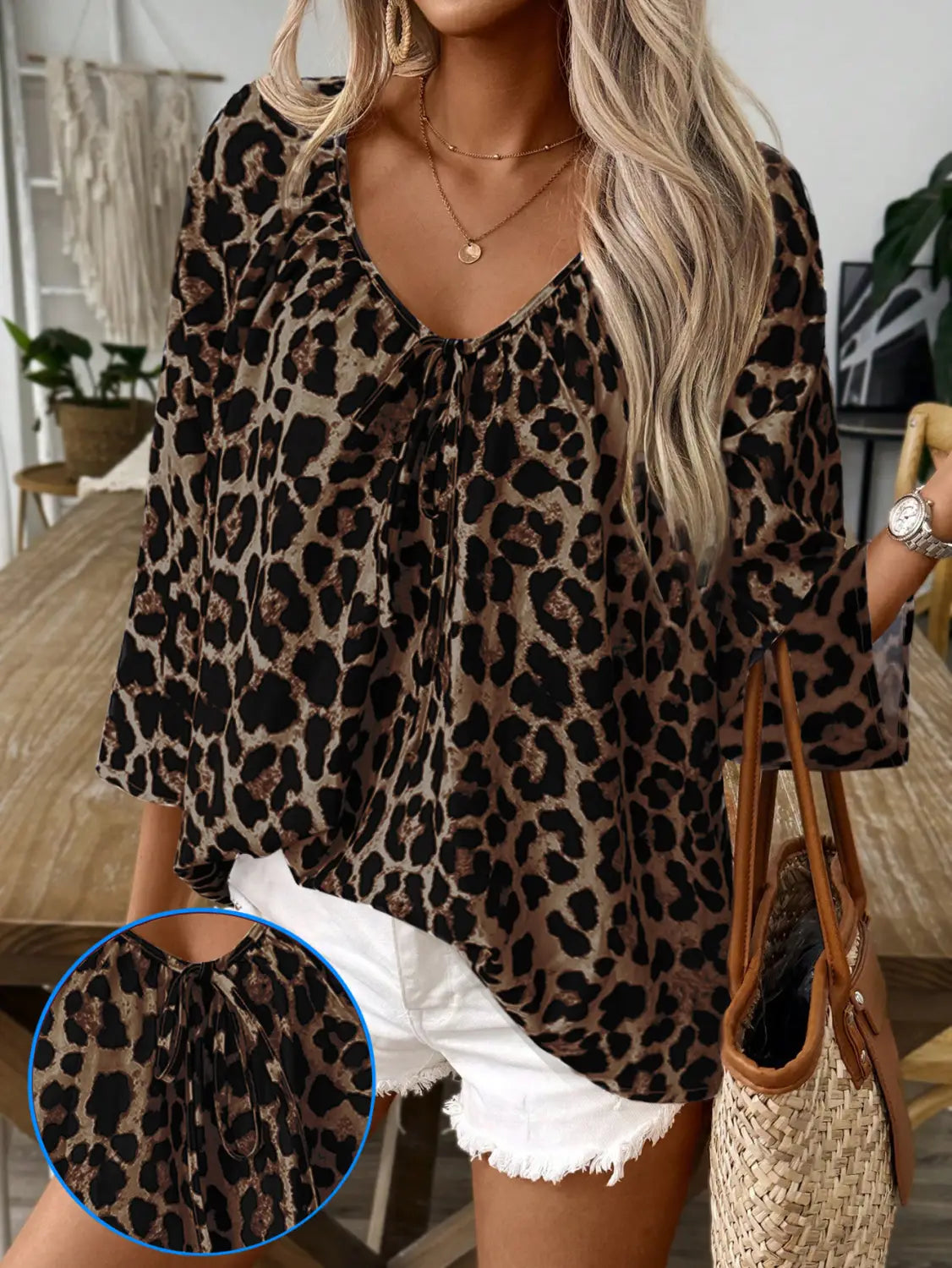 Spring And Summer Women’s Top Leopard Print V-neck Pleated Seven Quarter Sleeve Shirt Temperament Commuting