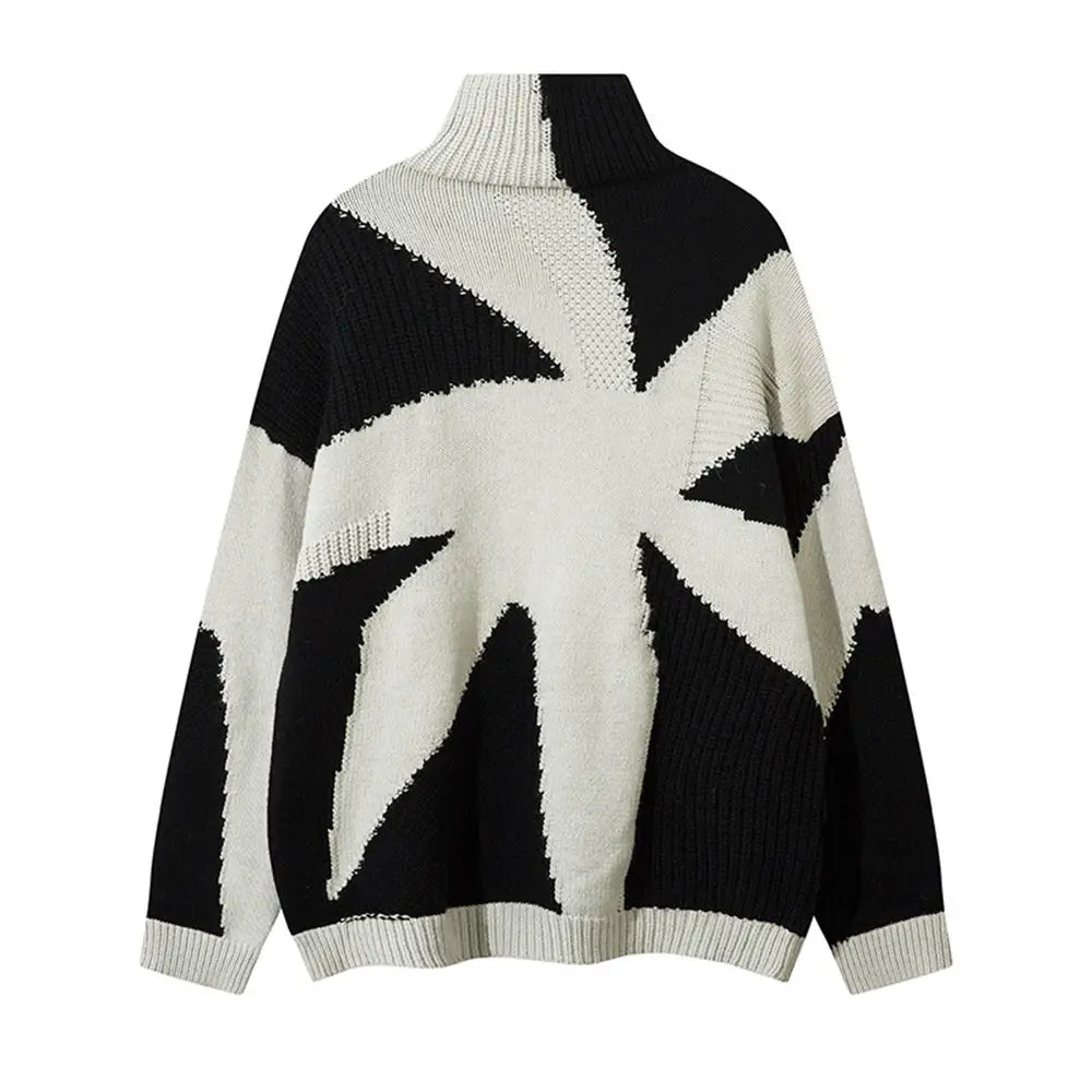 Patchwork Contrast Color Irregular Turtleneck Sweater