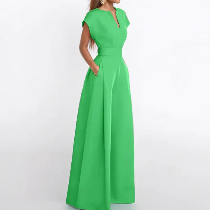 Women’s Elegant Solid Color And V-neck Sleeveless Waist Wide-leg Jumpsuit