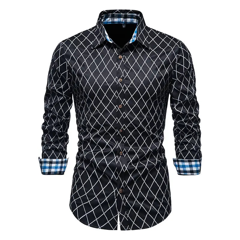 New Fashion Contrast Color Men’s Long-sleeved Diamond Check Button Shirt