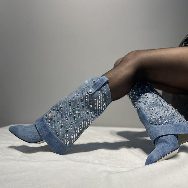 Heavy Industry Pointed Toe Stiletto Rhinestone Women’s Boots Jeans Pipe Boots