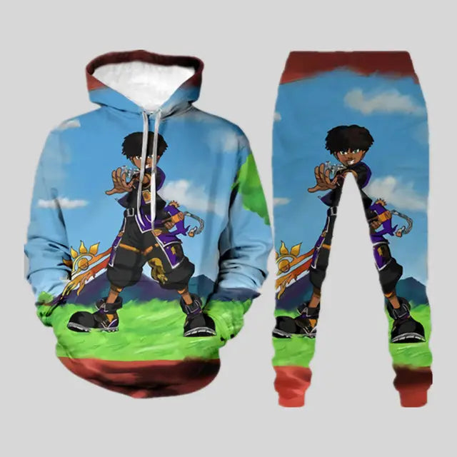 Men’s 3d Digital Printing Loose Pullover Sweater Trousers Suit