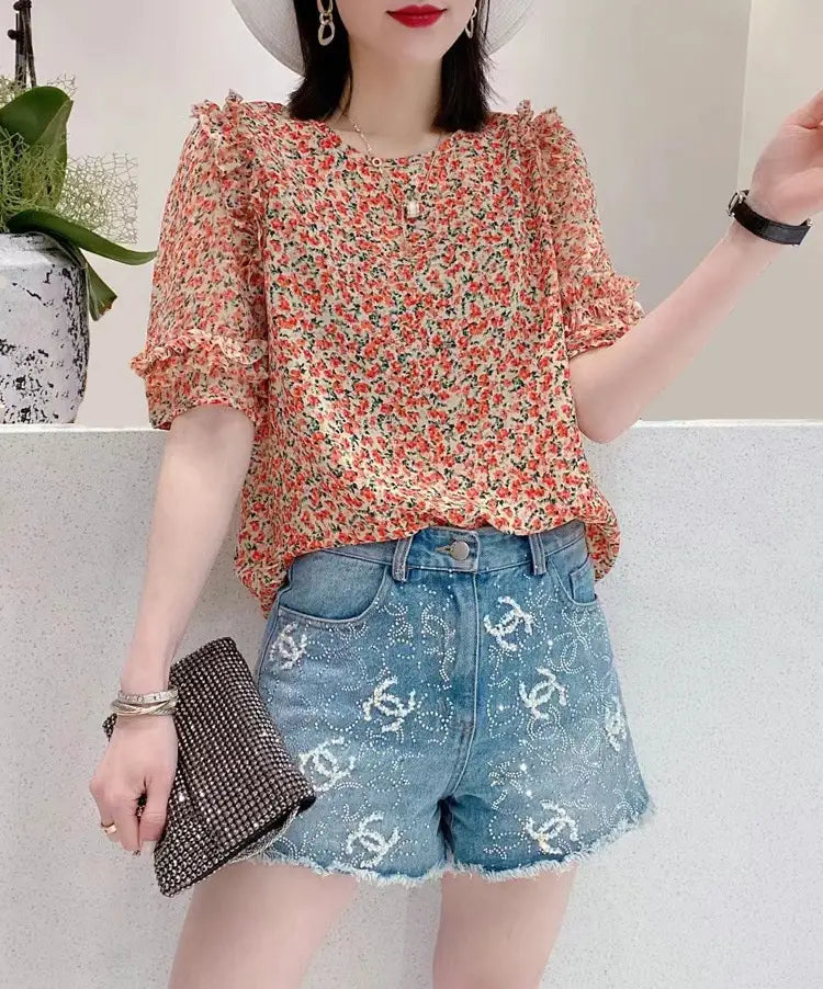 Summer New Pleated Loose Floral Blouse Top