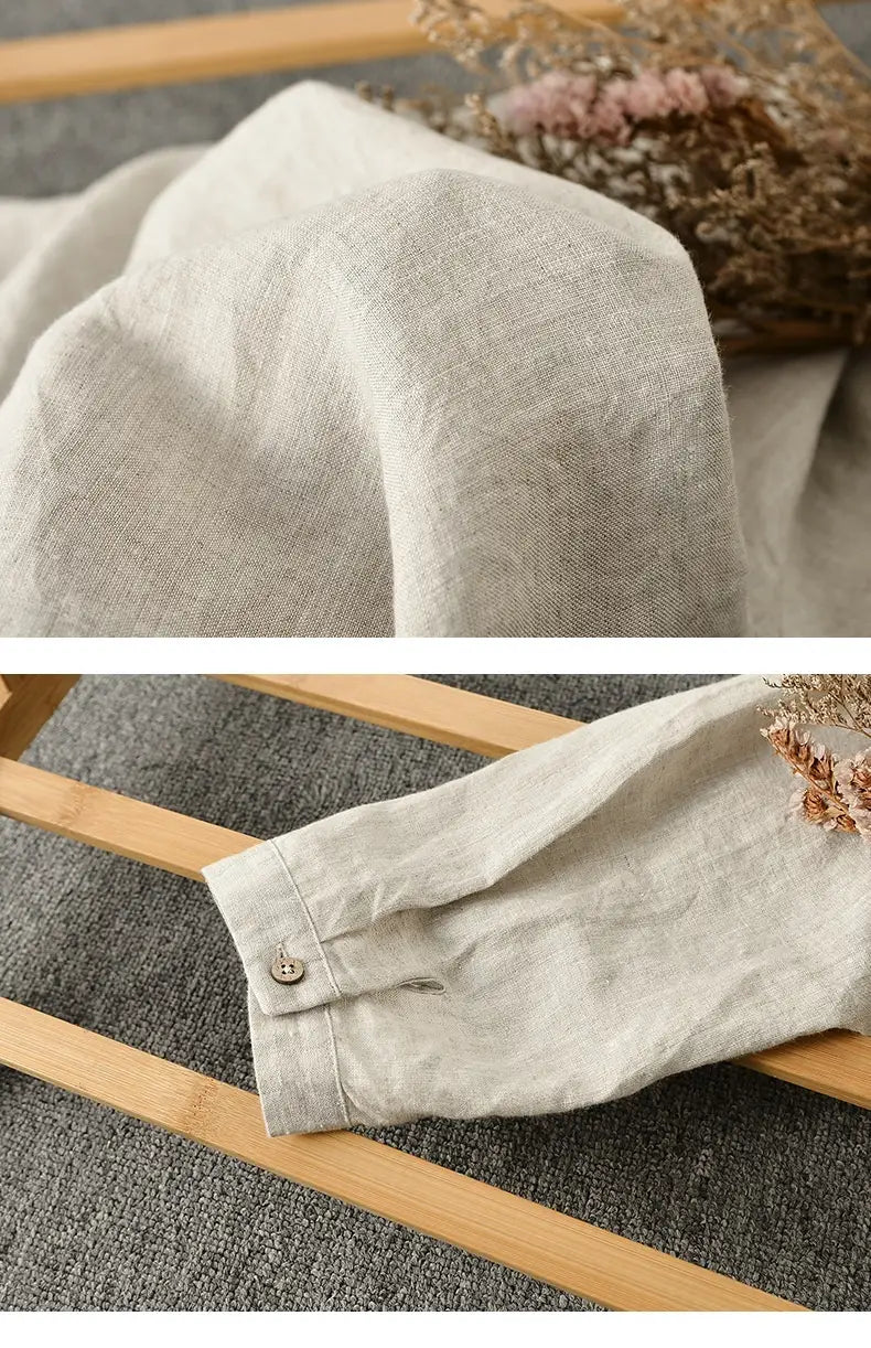 Casual Linen Men’s Simple Round Neck 34 Sleeves Linen T-shirt Loose Breathable Top