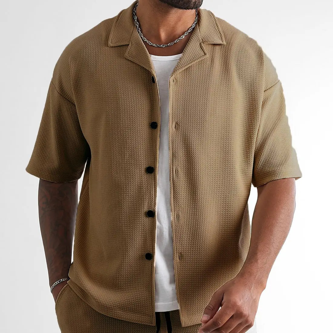 Daily Casual Short Sleeve Cardigan Shirt Men’s Suit Solid Color Summer