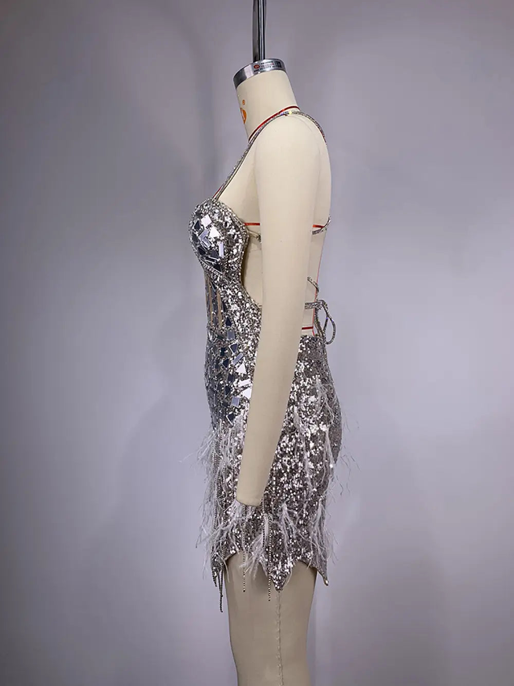 Female Summer Sequins Feather Tassel Backless Dress