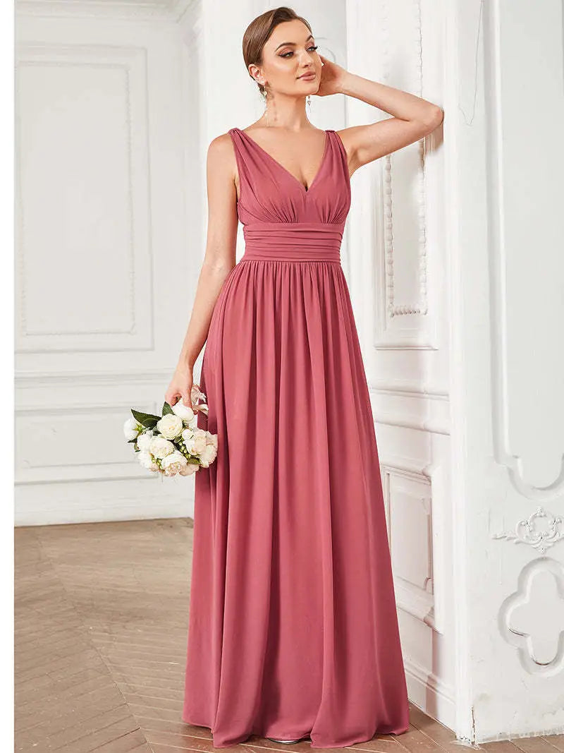 Deep V-neck Bridesmaid Plus Size High Waist Evening Dress