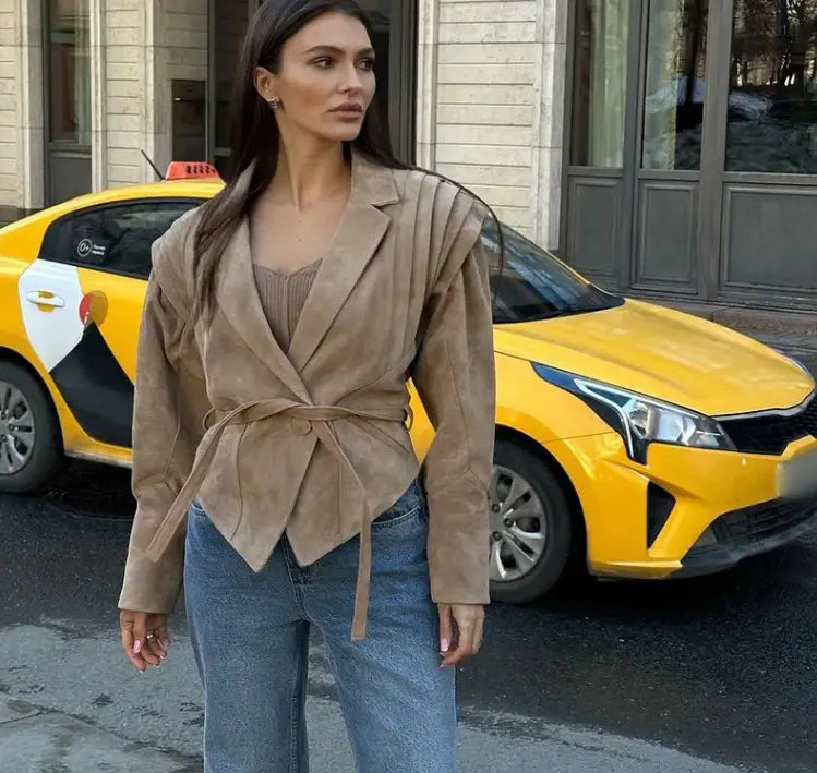 Waist Trimming Lace Up Suede Fabric Jacket