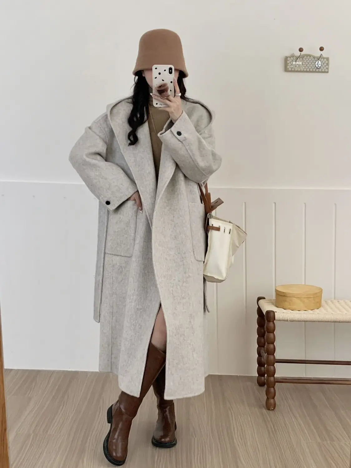 Solid Color Hooded Double-sided Wool Overcoat Women
