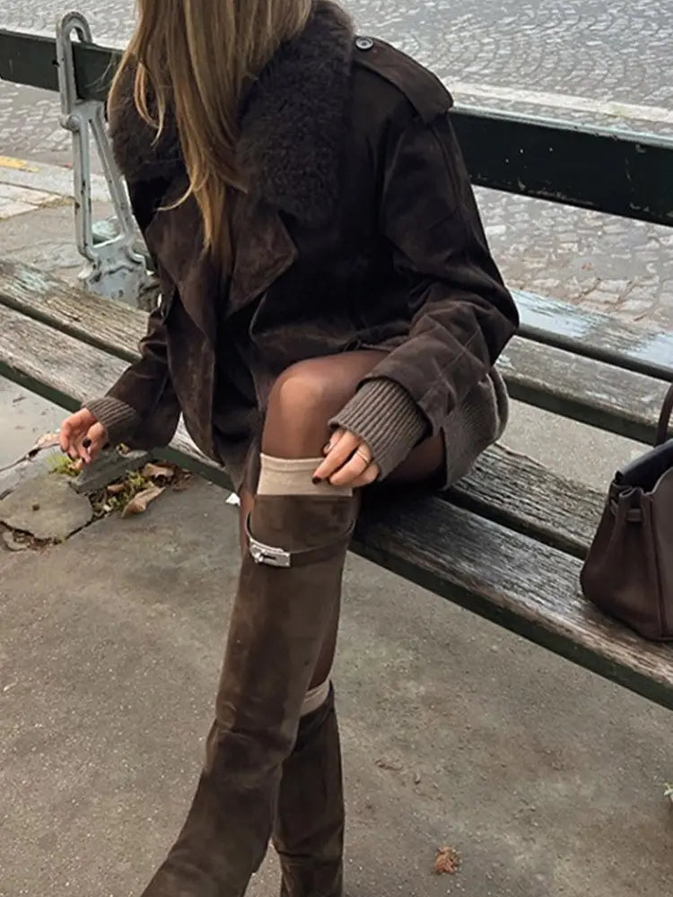 Lapel Suede Long Sleeve Loose And Warm Comfortable Motorcycle Jacket