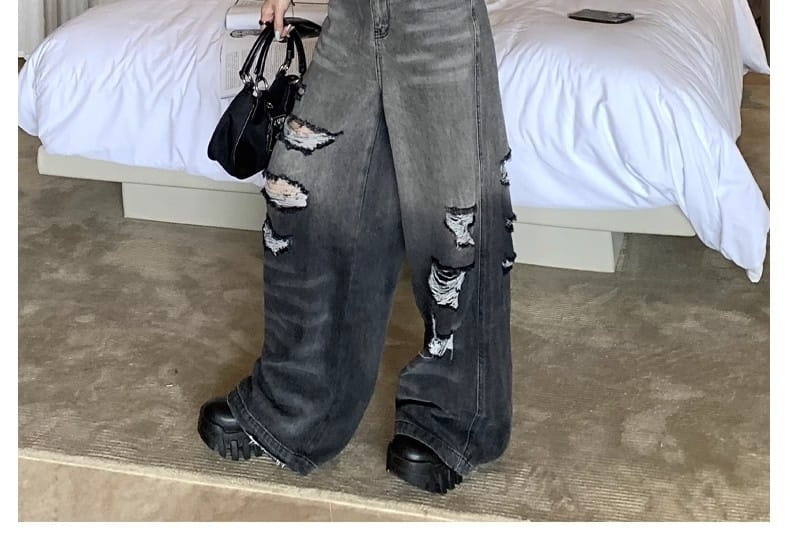 Gradient Color Big Ripped Hot Girl Wide Leg Jeans For Women