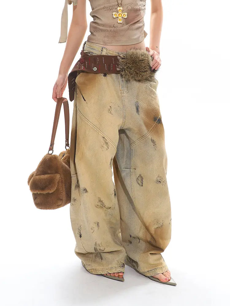 Washed Old Blooming Retro Machete Profile Loose Jeans