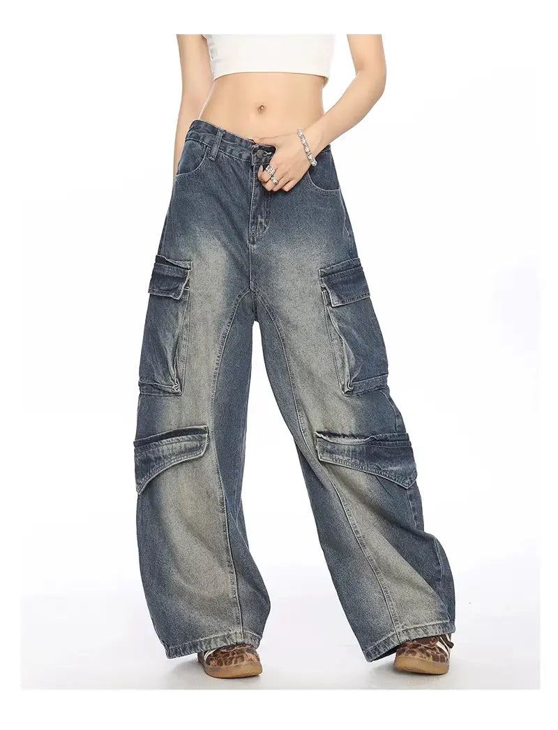 Washed Multi-pocket Denim Matchet Pants