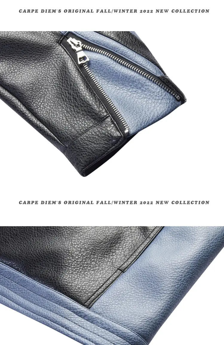 American-style Heavy Stitching Contrast Color PU Leather Motorcycle Clothing Coat Men And Women Fashion