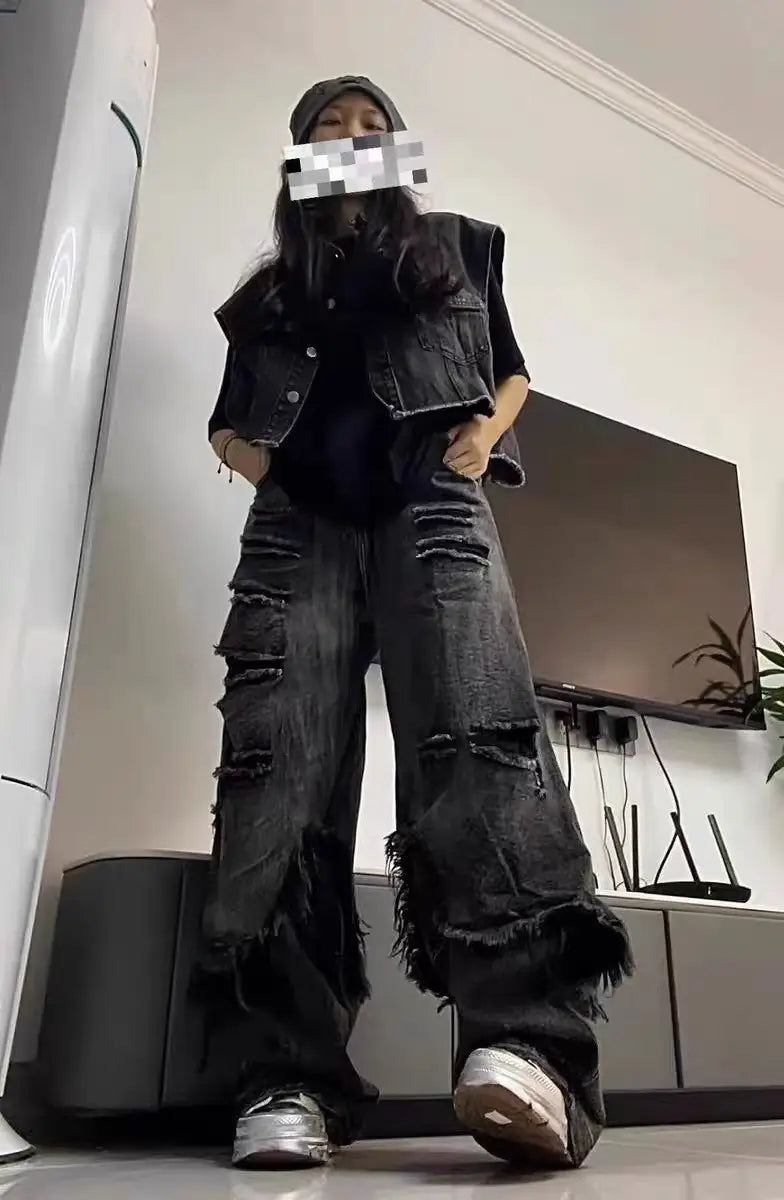High Street Distressed Cargo Jeans Wide Leg Trousers