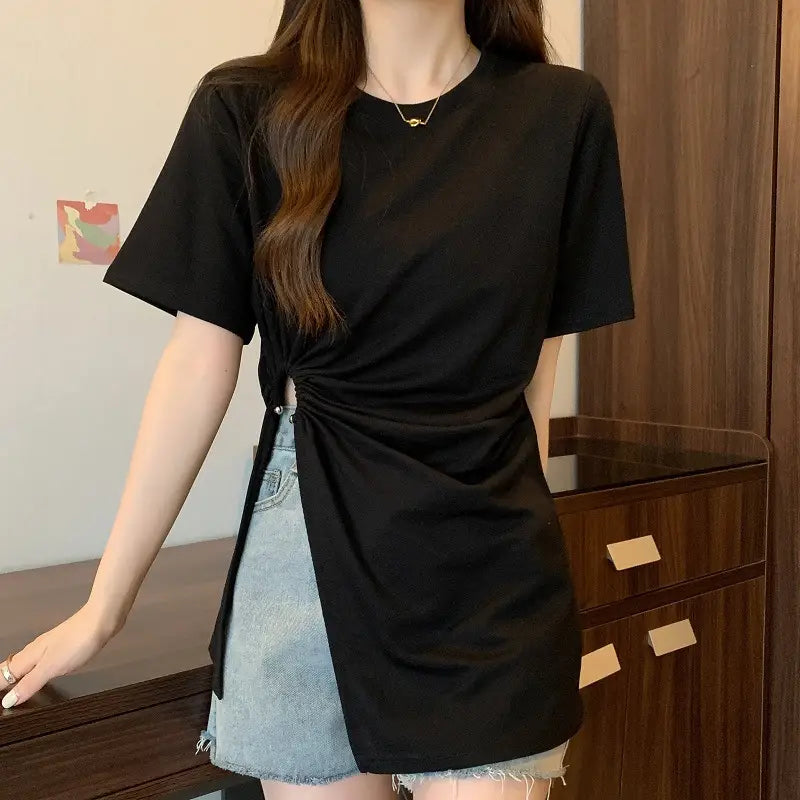 Cotton Irregular Split Short-sleeved T-shirt Women’s Summer