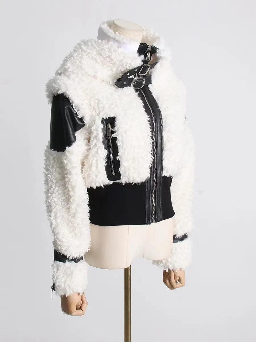 Women’s Lamb Wool Stitching PU Leather Zipper Jacket