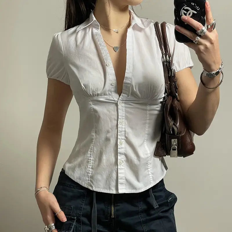 Solid Color Simple Waist Fitted Puff Sleeve Polo Shirt