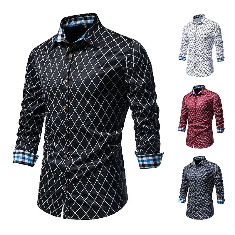 New Fashion Contrast Color Men’s Long-sleeved Diamond Check Button Shirt
