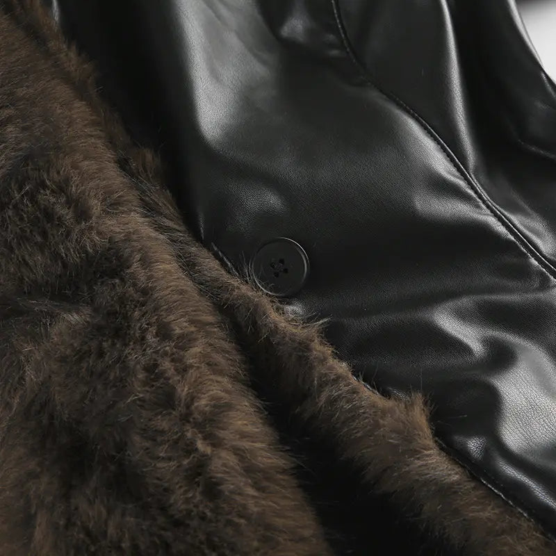 American Street Loose Fur Collar Leather Coat