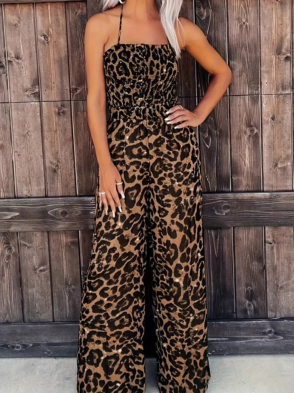 Women’s Leopard Print Halter Backless Jumpsuit