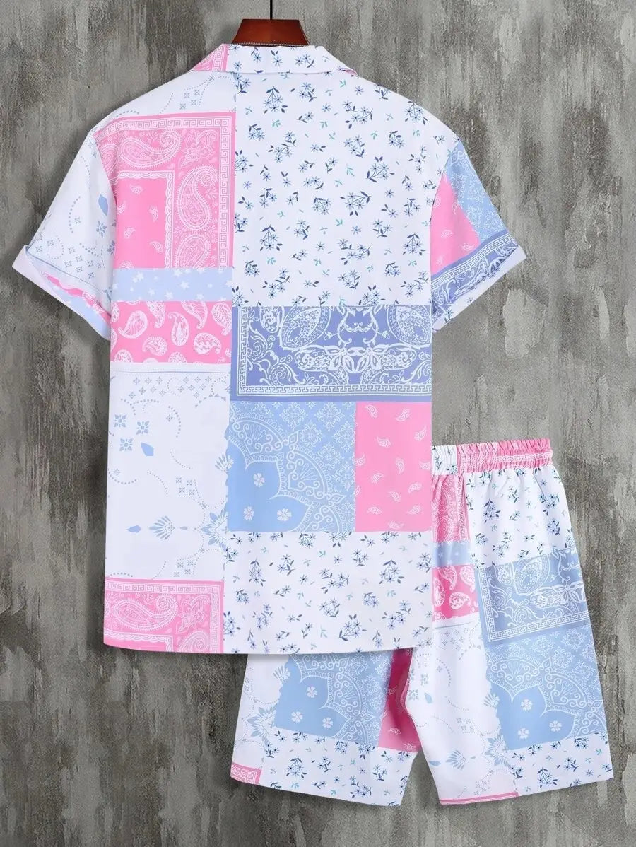 Contrast Color Retro Totem 3D Printed Shirt Shorts 2 Pieces Suit