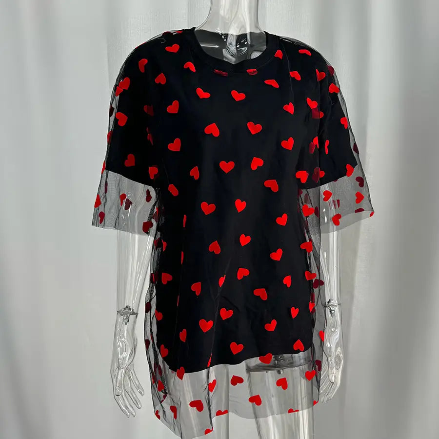 European And American Style Women’s Love Mesh Stitching Loose Basic Style Round Neck Short Sleeve T-shirt