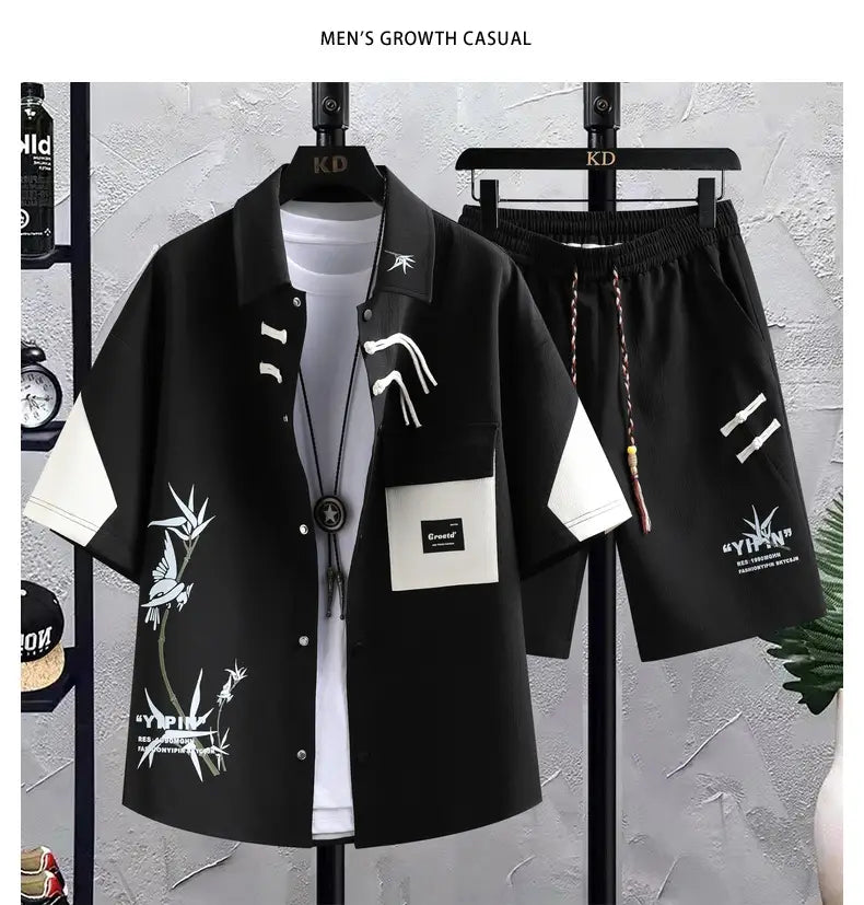 New Chinese Style National Style Suit Men’s Summer Short Sleeve Shirt Shorts Wear A Set Of Casual Sports Clothes