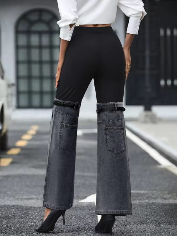 Fashion Slim Knit Denim Stitching Elastic Waist