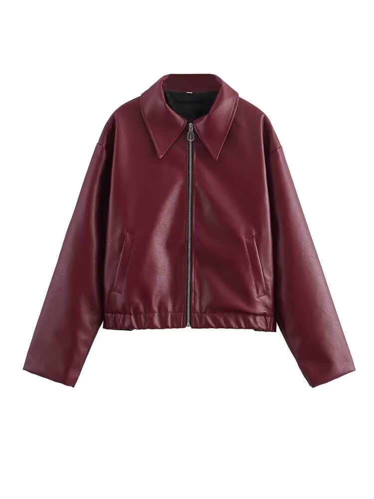 Women’s Lapel Long Sleeve Leather Coat