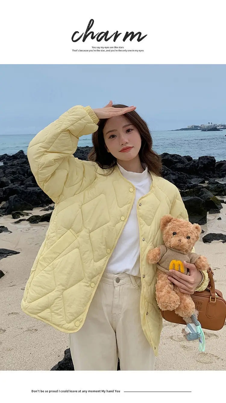Korean Style Down Cotton Jacket Women’s Short Light Round Neck
